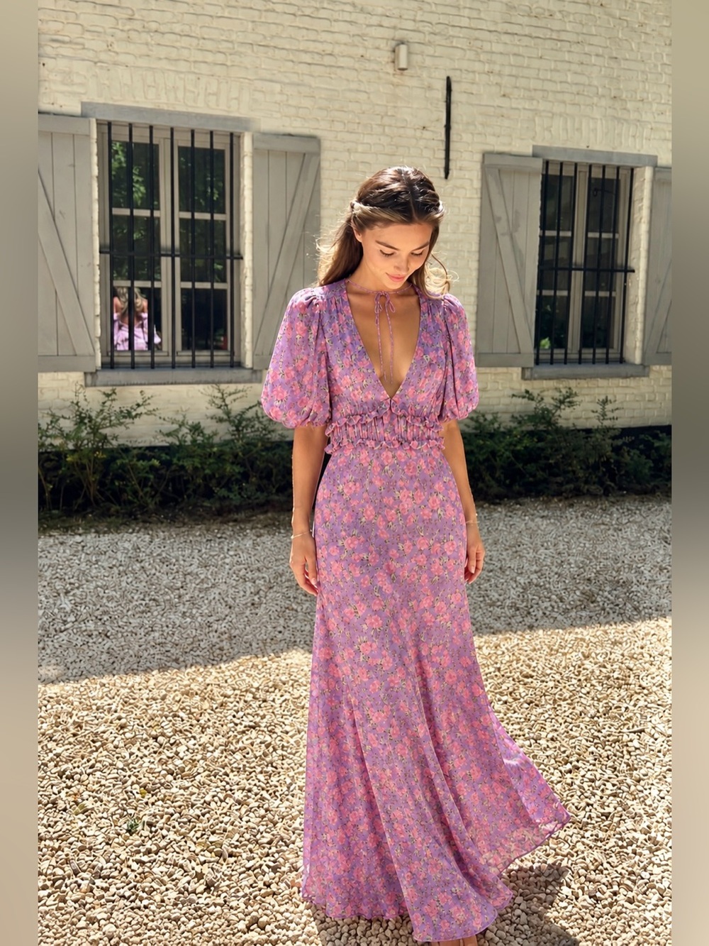ASTR THE LABEL REVOLVE Puff Short Sleeve Tie Back Floral Maxi Dress